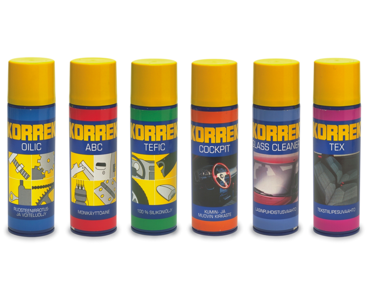 Kuusi Korrek-merkkisen autohoidon spray-tuotetta rivissä: OILIC-ruosteeninraotus, ABC-monikayttöaine, TEFIC-silikonöljy, COCKPIT-kumin- ja muovinhoito, GLASS CLEANER -lasipuhdistaja ja TEX-tekstiilipuhdistusvaahto.