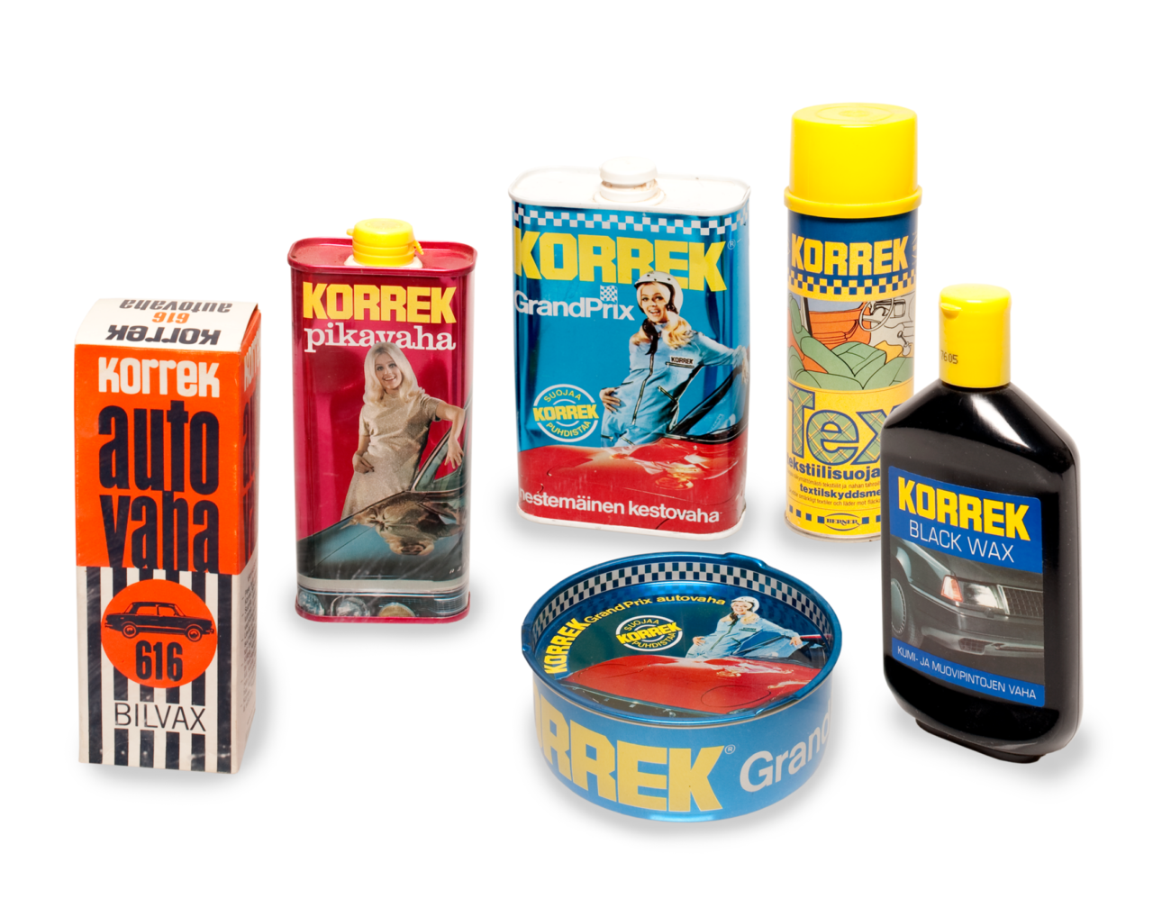 Korrek-merkkiset klassiset autohoidon tuotteet: auto vaha kartongipakkaus, pikavaha tinapakkaus, GrandPrix kestovaha, tekstiilin puhdistusaine, Black Wax kiilloitus ja GrandPrix vaha purkissa.