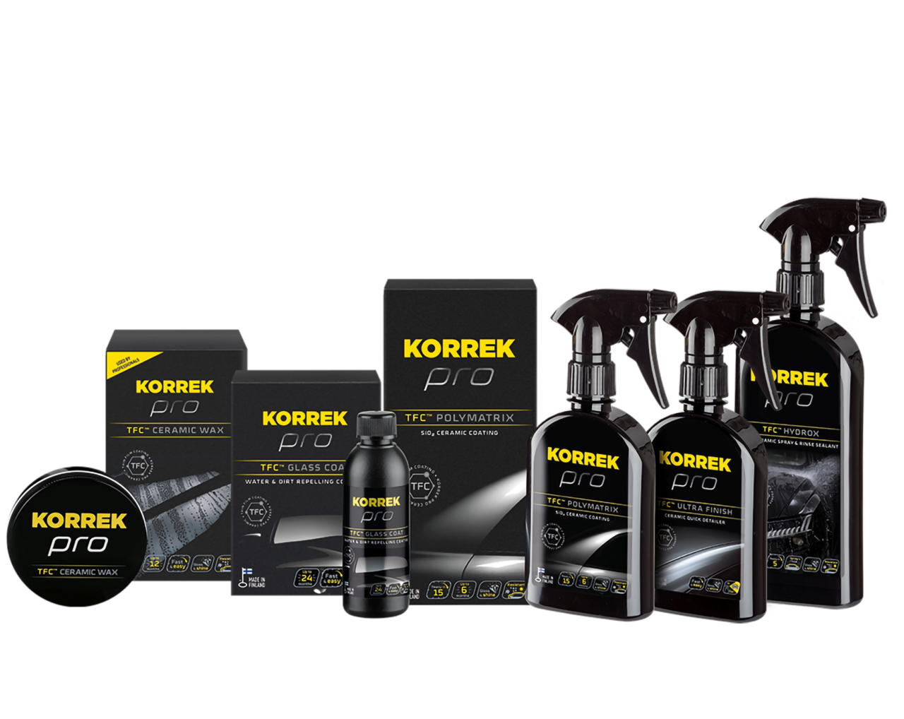 KORREK Pro TFC -autonhoitosarja: pinnoitteet, vahat ja suihkeet riveissä.