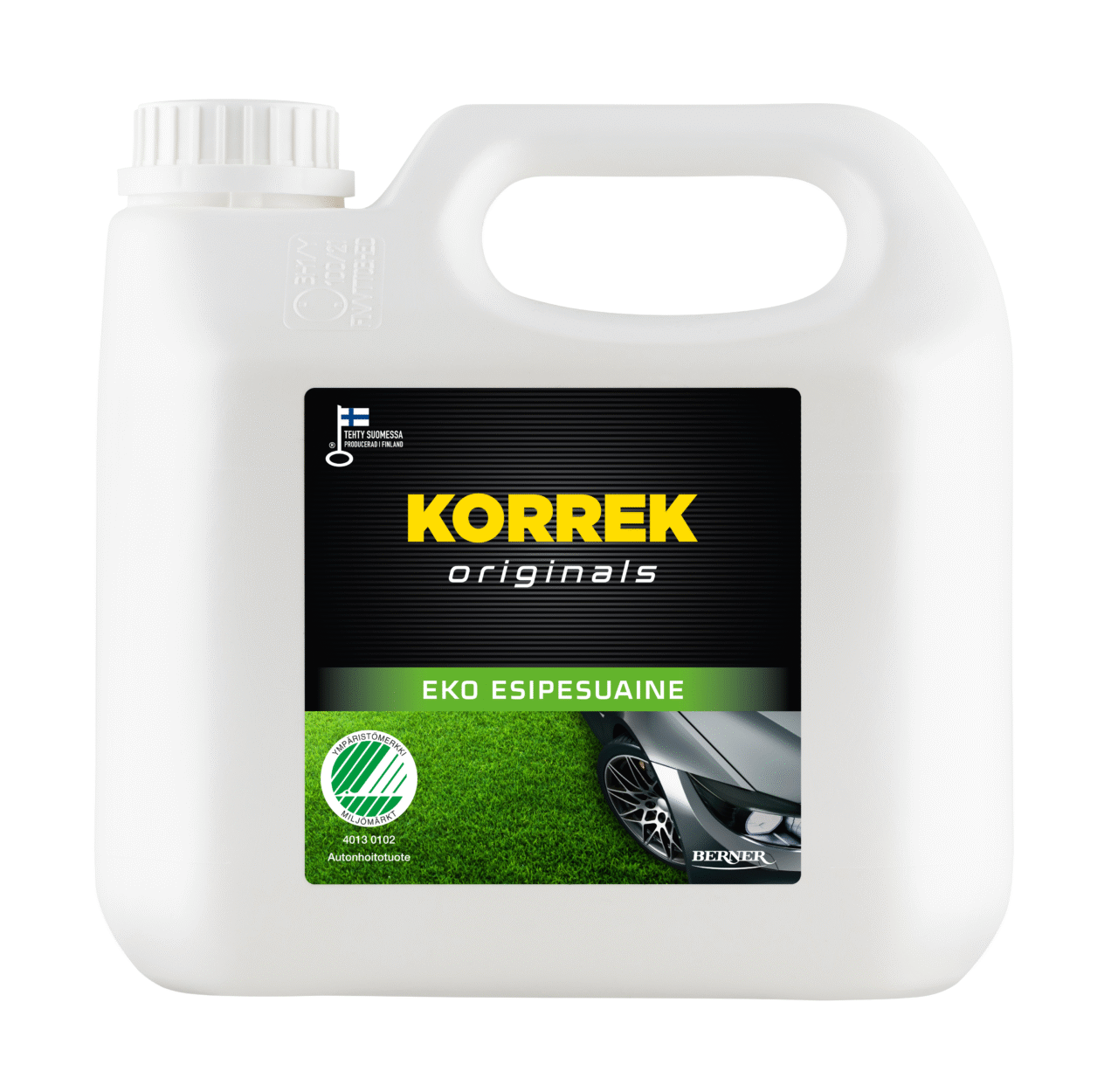 Korrek Originals Eko esipesuaine valkoinen säiliö, ympäristöystävällinen autopesuaine vihreällä merkinnällä.