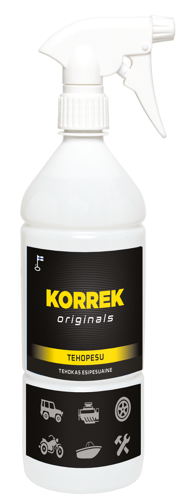 Korrek Originals Tehopesu valkoinen spray-pullo trigger-pumpulla, tehokas esipesuaine traktoreihin, kuorma-autoihin, renkaisiin ja moottoripeleihin.
