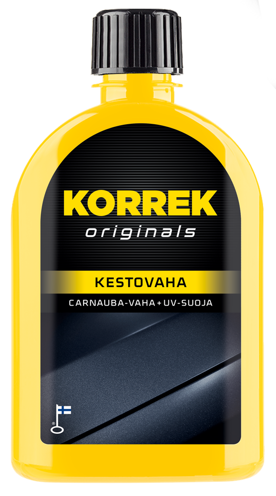 Keltainen pullo, jossa on mustaa ja keltaista tekstiä. Tuote on KORREK Kestovaha 350 ml, joka antaa auton maalipinnalle kestävän suojan.