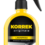 Korrek Originals Lasinpesu keltainen spray-pullo mustalla pumpulla, ehkäisee lasien huuruuntumista autoissa ja parantaa näkyvyyttä.