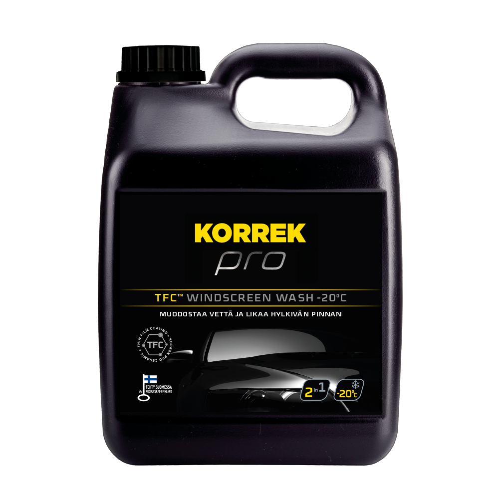 Korrek Pro TFC Windscreen Wash -20°C mustan kanisterin tuulilasipesuaine, talvikelille sopiva neste joka säilyttää vettä ja liikkuu hyvin pakkasella.