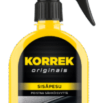 Korrek Sisäpesu sähköisyyden poistaja keltaisessa spraytuotteessa, joka poistaa sähköisyyttä auton sisustuksen muoveista ja pinnoista.