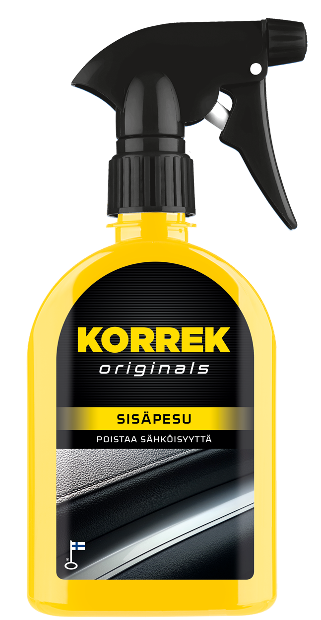 Korrek Sisäpesu sähköisyyden poistaja keltaisessa spraytuotteessa, joka poistaa sähköisyyttä auton sisustuksen muoveista ja pinnoista.