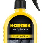 Korrek Tekstiilipesu hajuntappaja keltaisessa spraytuotteessa mustalla etiketillä auton kangaspintoja varten.