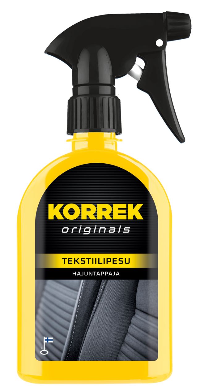 Korrek Tekstiilipesu hajuntappaja keltaisessa spraytuotteessa mustalla etiketillä auton kangaspintoja varten.