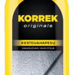 Korrek Kestovahapesu autoshampoo keltaisessa pullossa, etiketissä vettä hylkivä vahattu auton pinta pisaroineen.