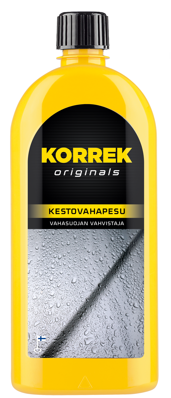 Korrek Kestovahapesu autoshampoo keltaisessa pullossa, etiketissä vettä hylkivä vahattu auton pinta pisaroineen.