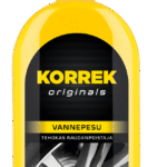 Korrek Originals Vannepesu keltainen spray-pullo mustalla pumpulla, tehokas raudanpoistaja autojen vanteiden puhdistukseen.