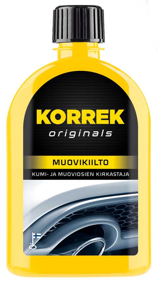 Korrek Muovikiilto kumi- ja muoviosien kirkastaja keltaisessa pullossa, etiketissä auton muovinen puskuri.