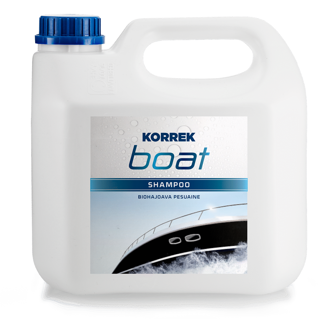 Korrek Boat Shampoo valkoinen kanisteri sinisellä kannella, biohajoava veneen pesuaine gelcoat ja maalipinnoille merivesi-ympäristöön.