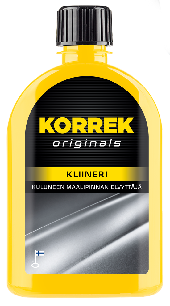 Korrek Originals Kliineri keltainen pullo, kuluneen maalipinnan elvyttäjä, palauttaa loiston ja suojaa autojen pintoja.