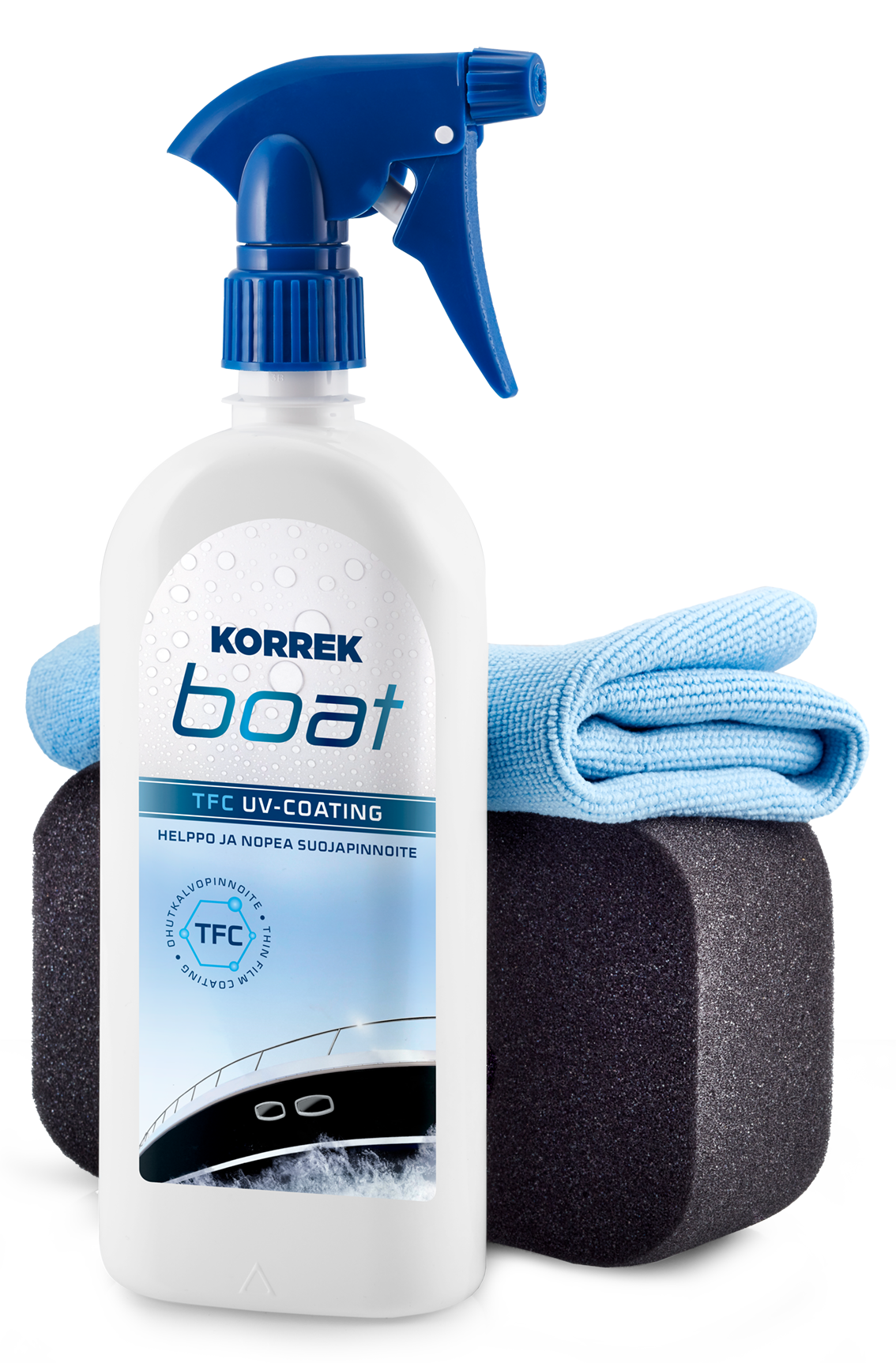 Korrek Boat TFC UV-Coating spray-pullo sinisella trigger-pumpulla ja kaksi puhdistusliinaa, UV-suoja veneen helppoon ja nopean suojapinnoitteeseen.
