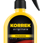 Keltainen suihkepullo, jossa on musta kansi. Tuote on KORREK Pikavaha 350 ml, suojaa erilaisia maali-, kumi- ja muovipintoja.